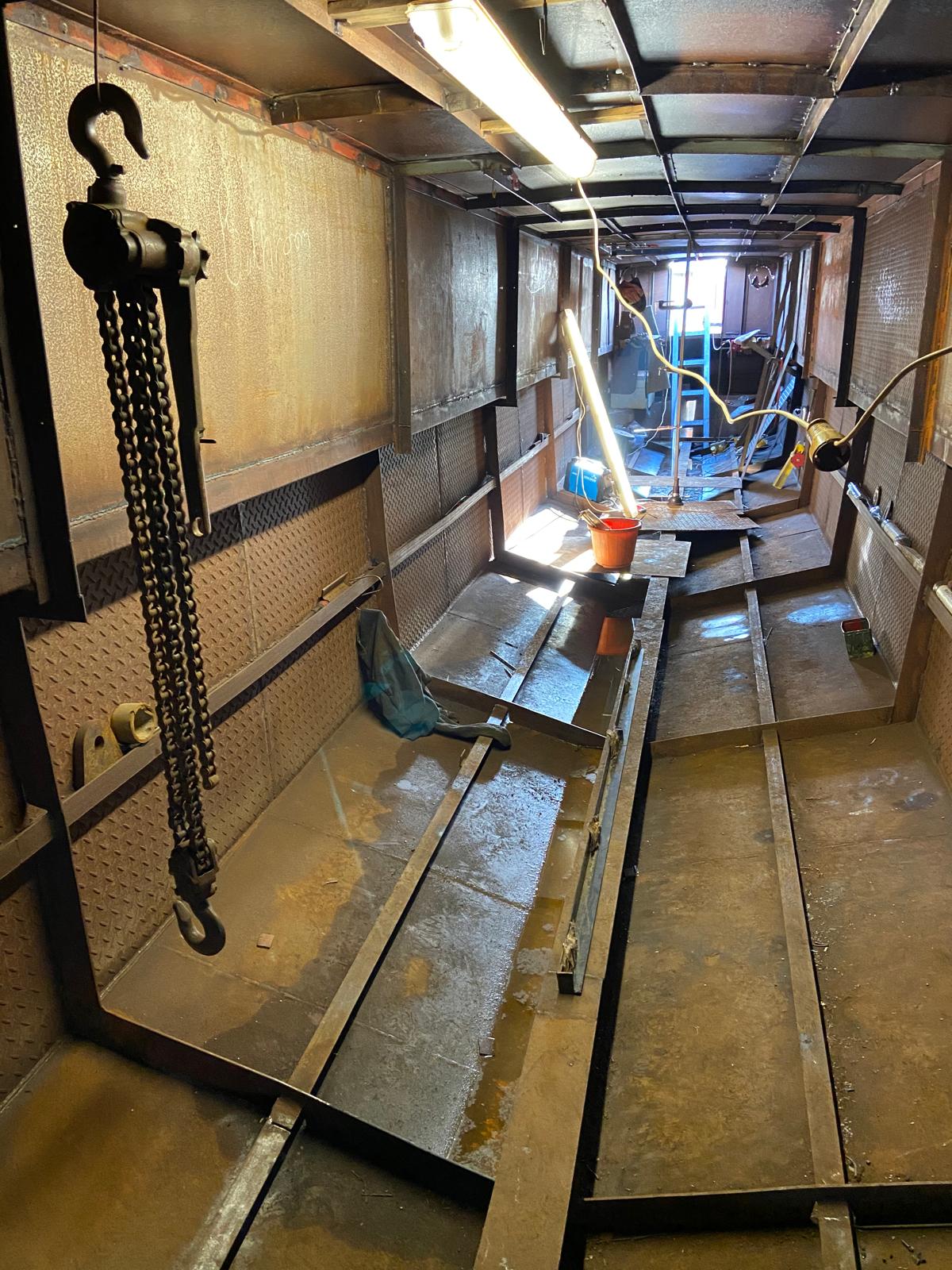 Narrowboat interior shell fitted out, welded floor beams