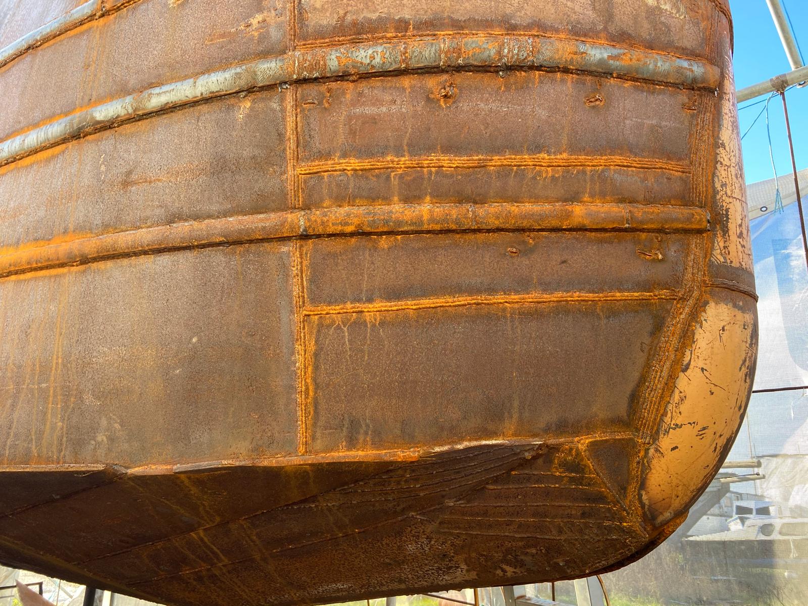 Narrowboat stern weld seams close-up